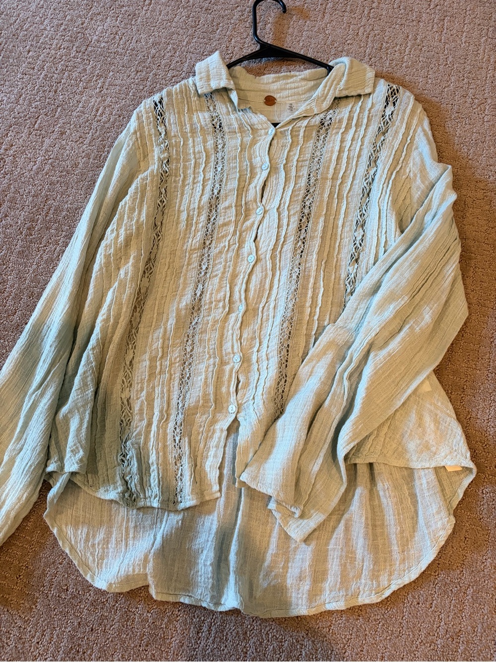 Free People Light Sage Button-Down Lace-Panel Top